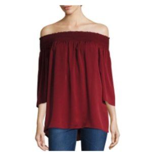 THEORY Elistaire Smocked Silk Off the Shoulder Blouse in Deep Mulberry